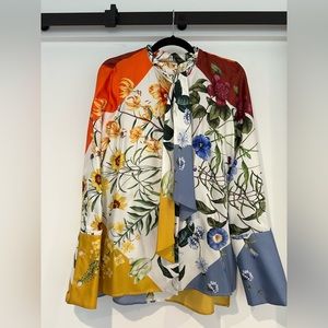 New Oscar de la Renta silk twill neck tie blouse